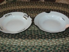 White Enamelware Round Black Trim Bowls, Dog ...