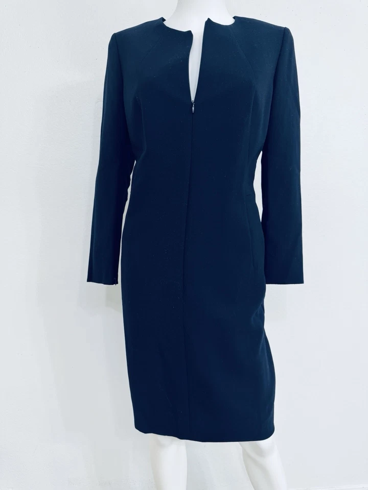 Vestido de lana elástico azul Akris altamente construido con cremallera frontal forro de seda US12 Foto 2 de 4