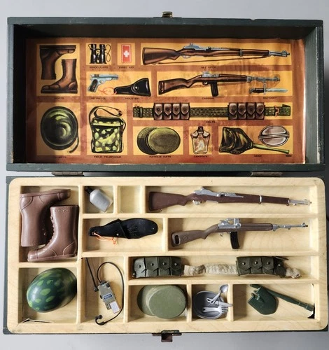 Vintage 1960s Hasbro GI Joe Wooden Foot Locker, Accessories