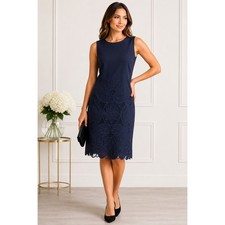 Tahari Navy Laser Cut Floral Scalloped Hem Sheath Dress Sleeveless Size 12