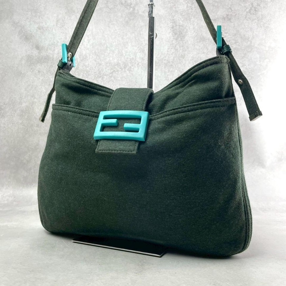 FENDI Jersey Mamma Baguette Shoulder Bag Dark Green FF Logo Y2K Knit  Purse