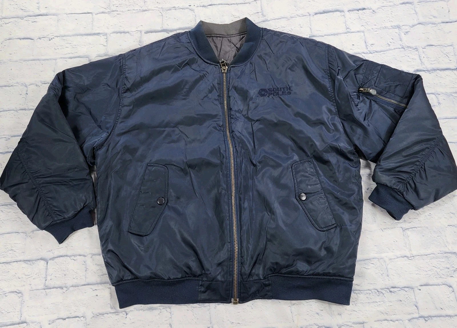 Southpole Bomber Jacket MENS XXL Gray Blue Reversible Quilted Streetwear Y2K