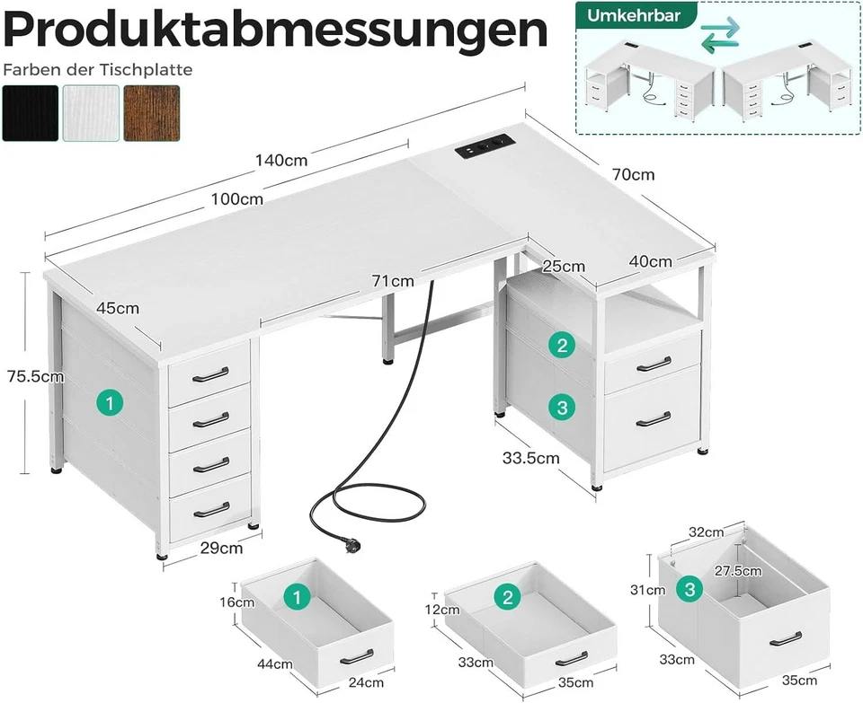 Eckschreibtisch Schreibtisch Büro L Form Schubladen, USB & Steckdose 140X70cm - Bild 3 von 4