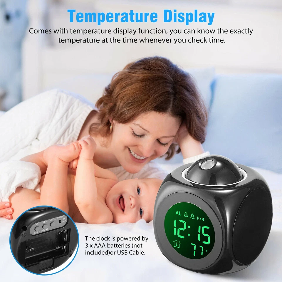 LED Projection Alarm Clock Digital LCD Display Voice Talking Weather Snooze USB - Image 3 of 4