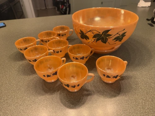 Vintage Fire King Anchor Hocking Peach Luster Ivy Leaf Punch Bowl Set w/ 9 Cups
