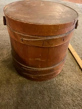 ANTIQUE  FIRKIN SUGAR BUCKET W/SWING HANDLE & LID 10”High BANDS