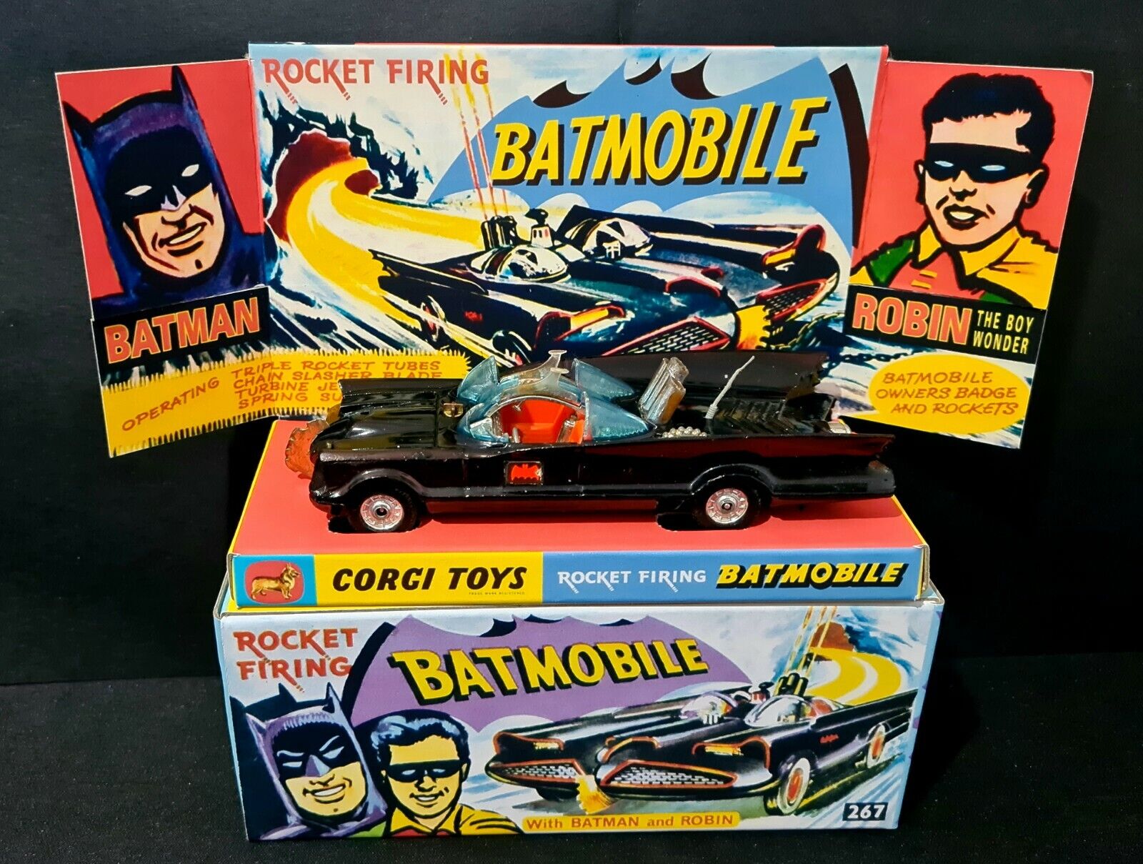 CORGI TOYS Batman Classic TV BATMOBILE Diecast Car & Repro CORGI 267 Box &  Stand