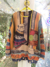 YESNO Women XL Sweater Graphic Oversized Pullover Cute Bear 43% Wool 56% Cotton