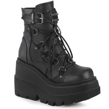 DEMONIA SHAKER-60 Women's 4" Wedge Platform Black Vegan Lace-Up Ankle Boot