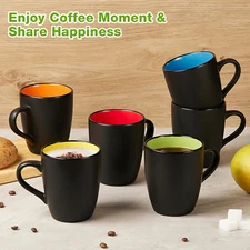 6 Pack Porcelain Coffee Mugs Set 12Oz Matte Black Ceramic Cups Colorful Inside