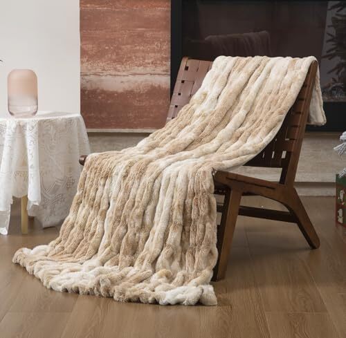 Soft Fuzzy Faux Rabbit Fur Throw Blanket Super Warm 50x60 Camel Beige