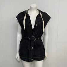 Isabel Marant Vest Womens 36 Small Black Denim Hooded Button Drawstring Belt
