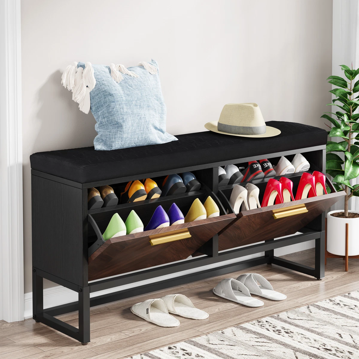 Brown & Black Entryway Shoe Bench Storage Cabinet Organizer with 2