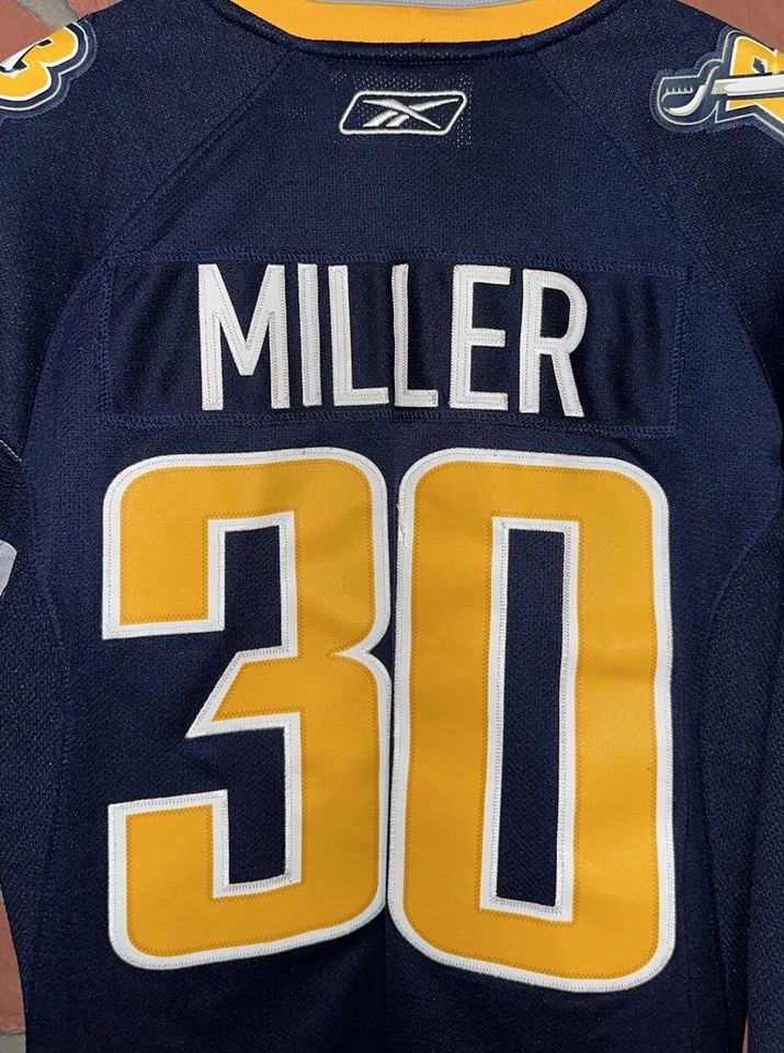 Camiseta deportiva de hockey NHL Reebok Buffalo Sabres Ryan Miller #30 azul marino/amarillo WMNS Foto 4 de 4