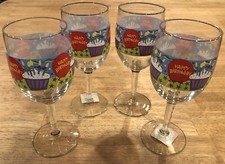 (4) Happy Birthday Wine Glasses Goblets 7" Tall Cupcakes & Candles Made In USA
