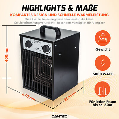 B-Ware DAHTEC 5000W 400V Elektrischer Heizlüfter 2 Heizstufen H5.521 Schwarz 5KW