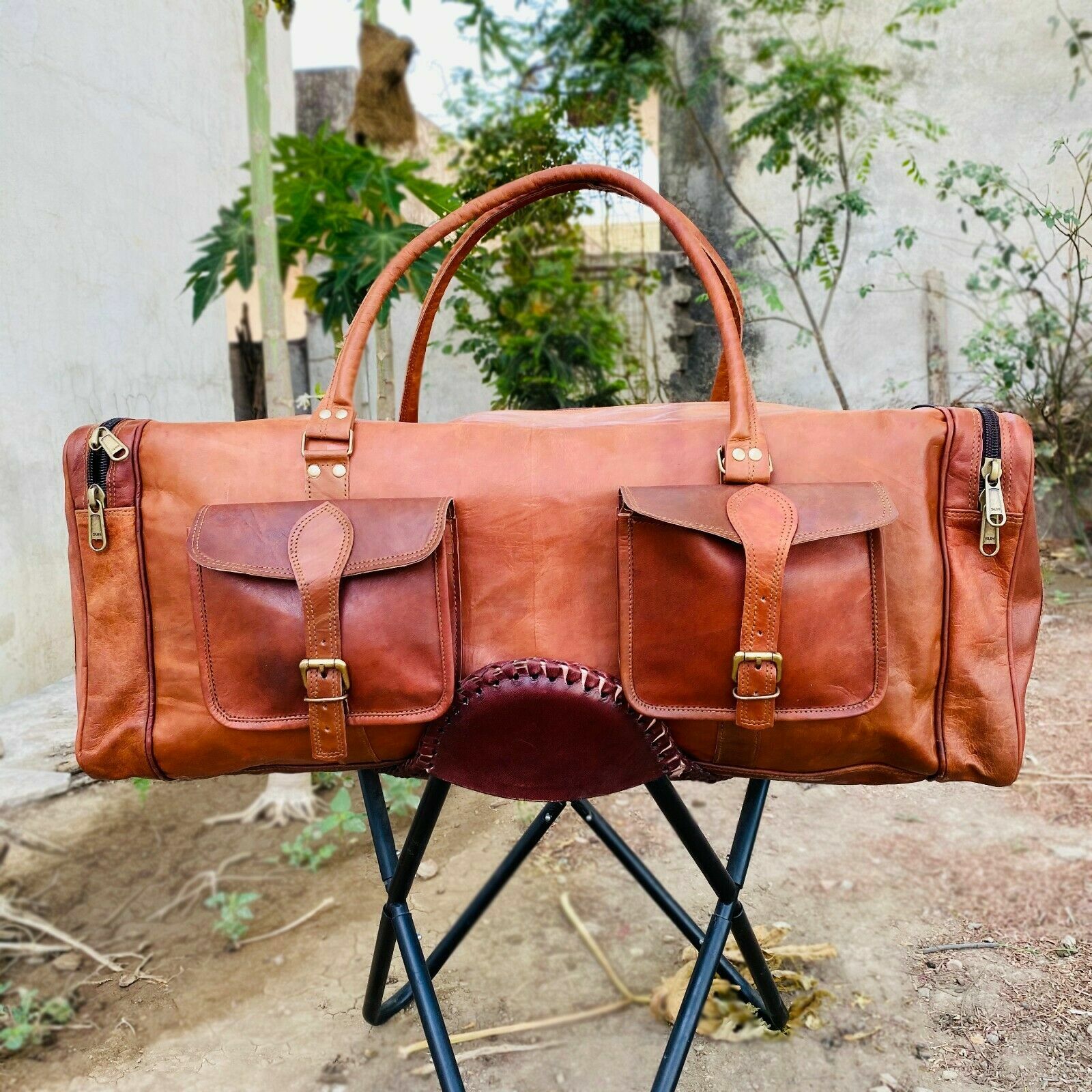 Men's Vintage Genuine Leather Travel Luggage Duffel Gym Bags Tote Size 30 Inch
