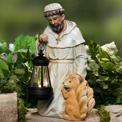 St Francis of Assisi Garden Statue with Solar Lantern Lamp Religious Yard Decor