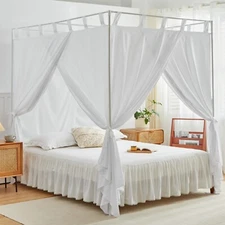 AIKASY White Canopy Bed Curtains with Top Ties and Tie Backs for Bedroom Deco...