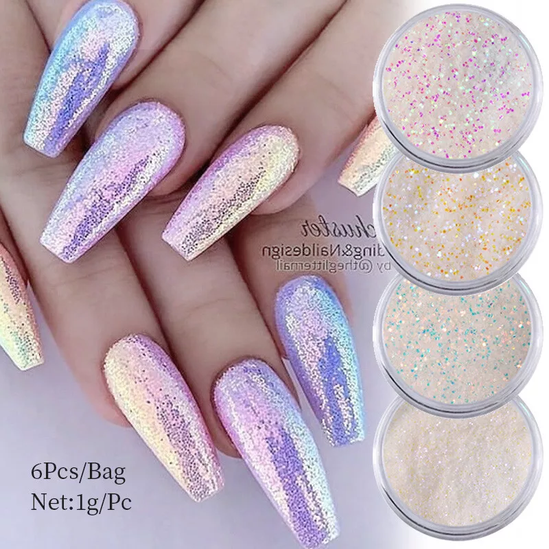 6pcs/set Aurora White Sequins Nail Art Glitter Powder Dust Flakes Decoration