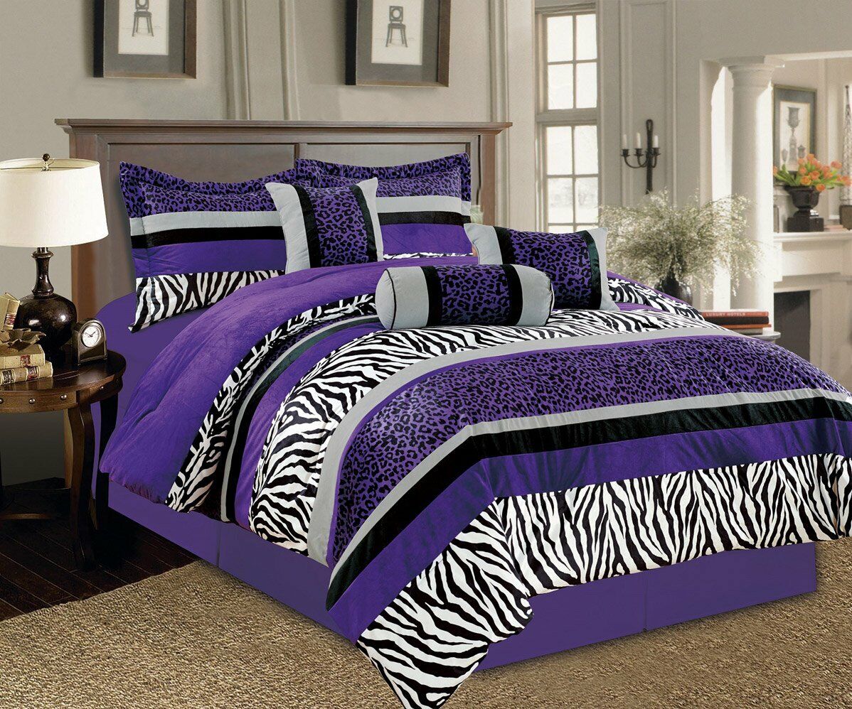 Purple Black White Zebra Leopard 7 pc Comforter Set Twin Full Queen Cal King Bed Sprzedaż wysyłkowa