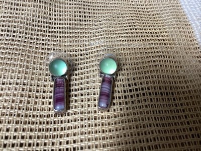 Janice Lee Riley JLR 925  Post Earrings Green Cabochon & Banded Stones 4.3 gm