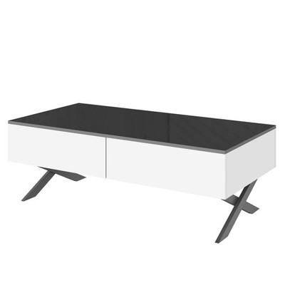 47.3'' Rectangular Mirror Coffee Table Gloss Top 2 Drawers Storage Metal Base