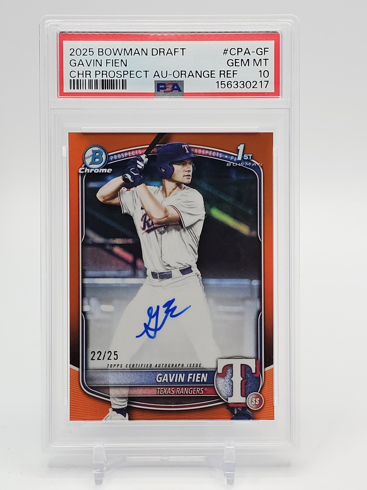 GAVIN FIEN 2025 BOWMAN DRAFT CHROME TRUE ORANGE  1ST AUTO /25 PSA 10 Q4444