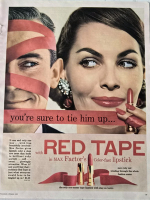 1955 Max factor red tape color fast lipstick Tie him up Vintage ad