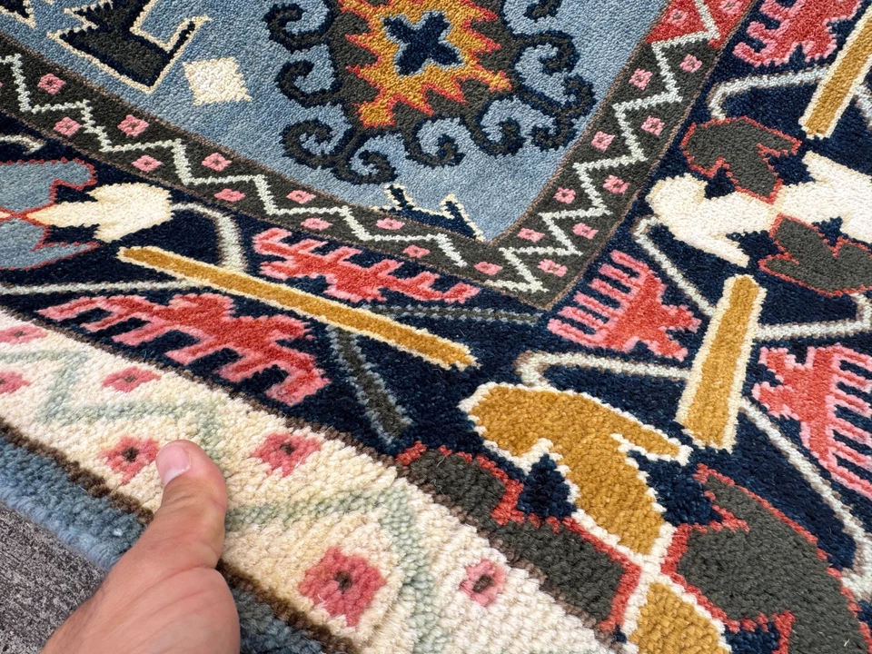 9x12 NEW WOOL ORIENTAL RUG HANDMADE blue geometric hand-knotted colorful oushak - Image 4 of 4