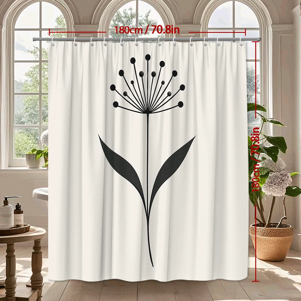 Elegante cortina de ducha con flores negras para decoración de baño minimalista Foto 3 de 4