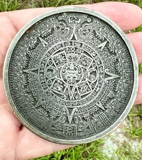 VTG 1974 Bergamot Brass Works Mayan Aztec Calendar Belt Buckle, Round,  USA Made