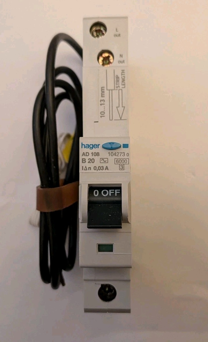 HAGER AD108 RCBO, 20 AMP 1P B20 104273 New