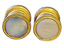 1950s Mother Of Pearl  Goldtone Round Shaped Cufflink Studs Likely Brass