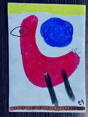 e9Art 5x7 'the flying bowl of blue soup startled the large red bird' art brut