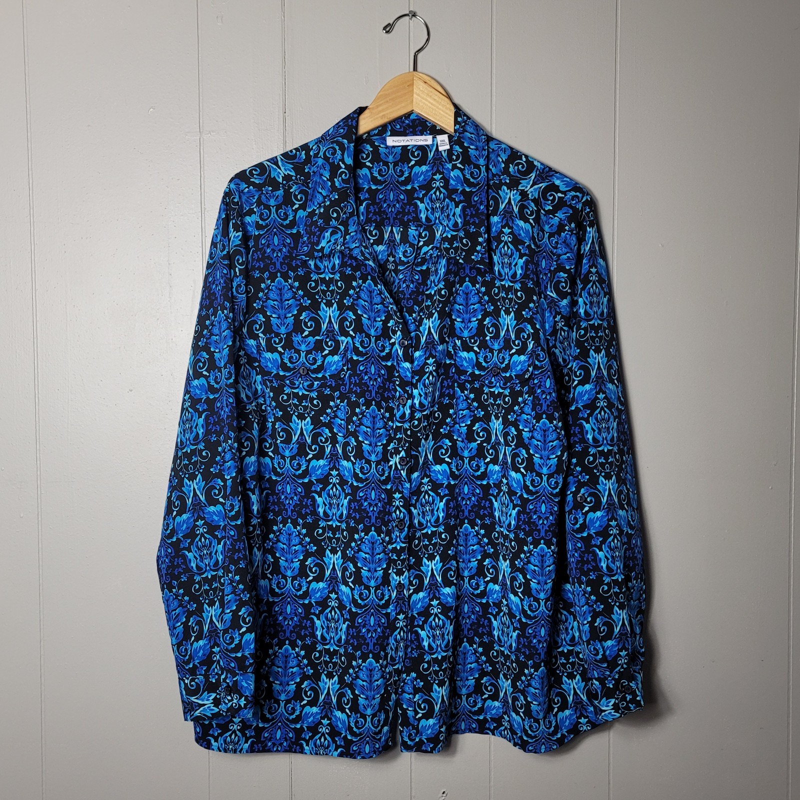 NOTATIONS BOLD BLACK BLUE DAMASK PATTERN BUTTON F… - image 1