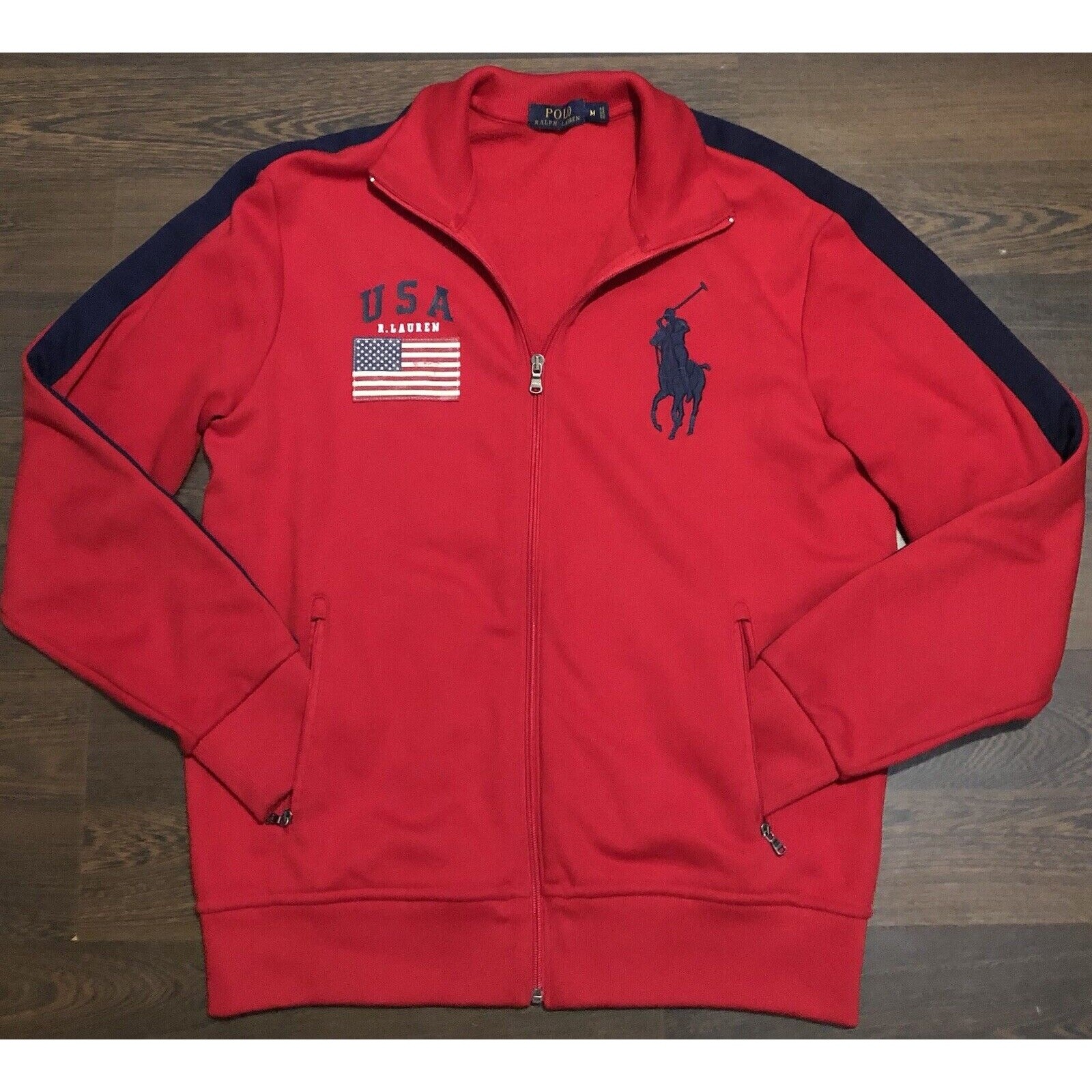 Polo Ralph Lauren uomo rossa full zip USA stadio olimpico grande pony pista giacca M