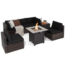 7-Piece Patio Furniture Set w/50,000 BTU Propane Fire Pit Table & Cushions Black