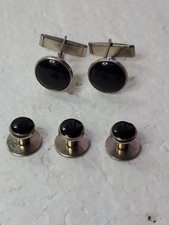 Vntg Men's Jewelry Tuxedo Cuff Links  Buttons Set 5pc Black Onyx  Silvertone