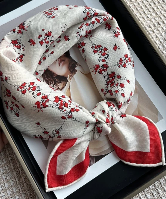 70% Cashmere 30% Silk 26'' Neckerchief floral Print Scarf Shawl Bandanna Wrap