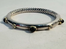 David Yurman Sterling & 18k Gold Cable Station Bangle Bracelet Onyx & Diamonds