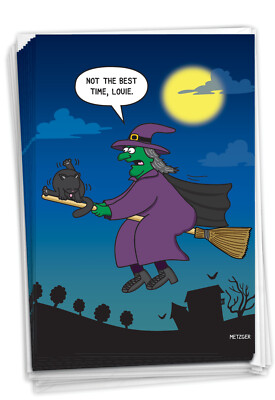 12 Funny Halloween Greeting Cards Set 5''x7'' w/ Envelopes(1 Design) Cat On Broom