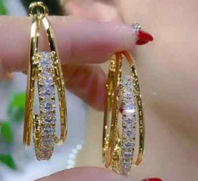 Round Real Moissanite Women's Hoop Earrings 14K Yellow Gold Plated 
