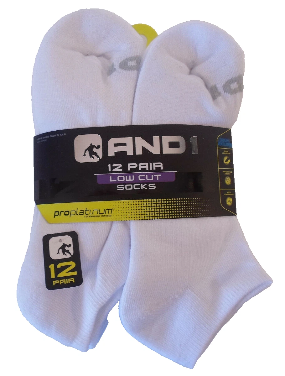 AND1 White 12 Pair Low Cut Ankle Socks Arch Compression Men shoe size 6-12.5