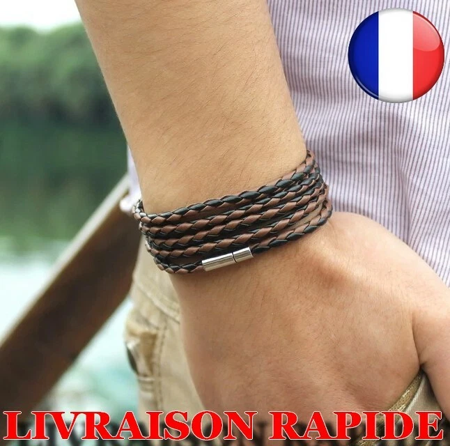 Bracelet Noir Rétro Wrap Long Cuir hommes Mode Sproty Chaîne Lien Homme Bijoux - Photo 1/1