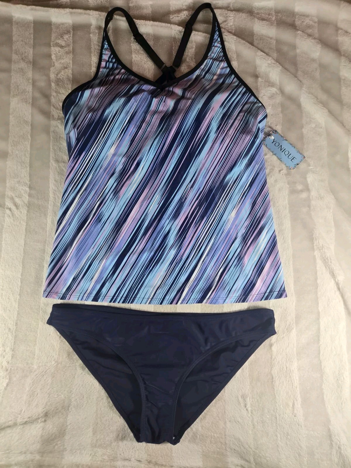 YONIQUE Swimsuit Juniors Size XXL 2XL Two Piece Blue Diagonal Striped Tankini-image