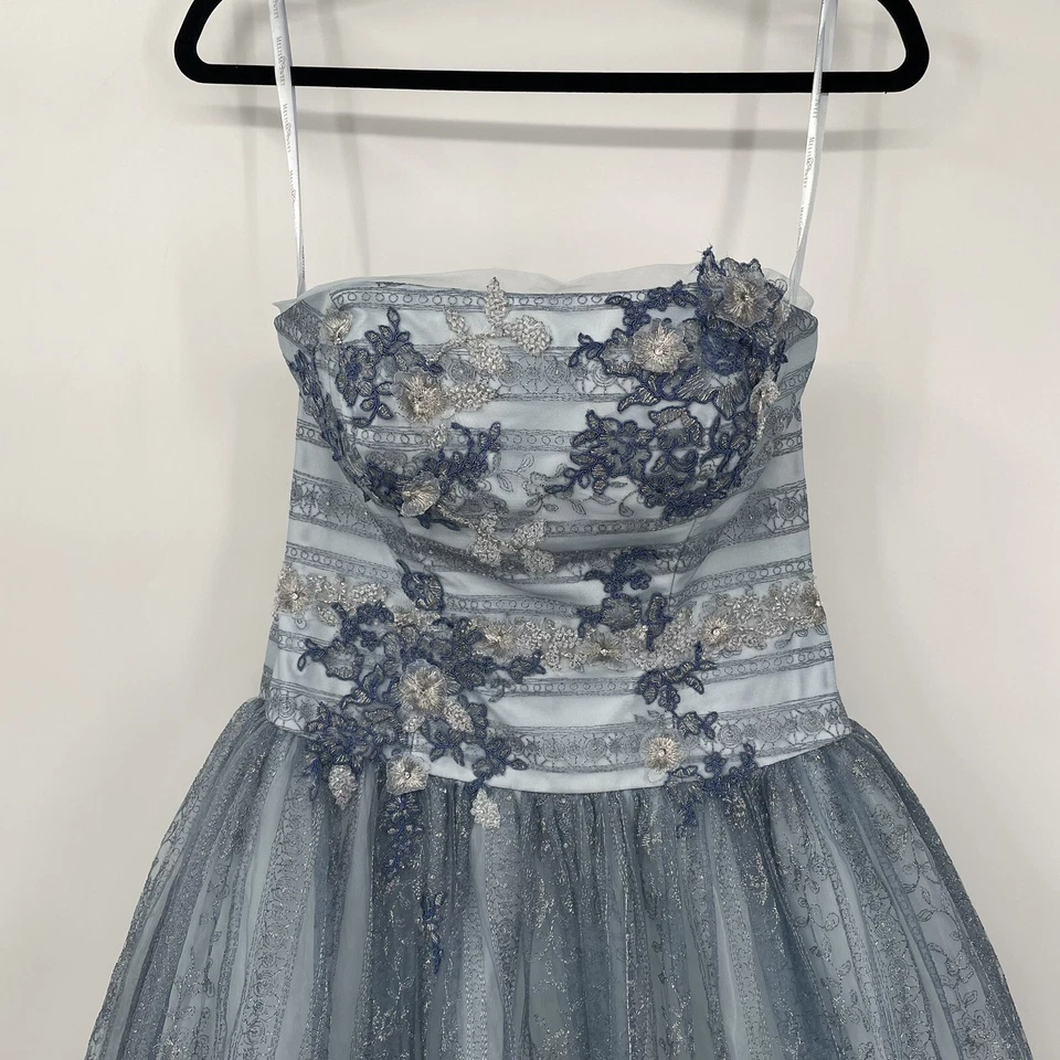 Vestido de Baile Formal Azul Ciclo Up Vestido Azul Plateado Polvoriento Sin Tirantes Foto 3 de 4
