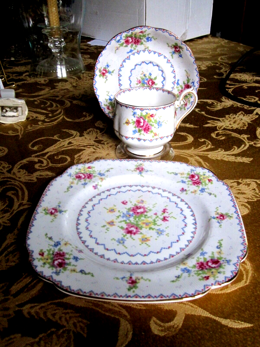VINTAGE ROYAL ALBERT PETIT POINT CHINA CUP AND SAUCER WITH SANDWICH PLATE