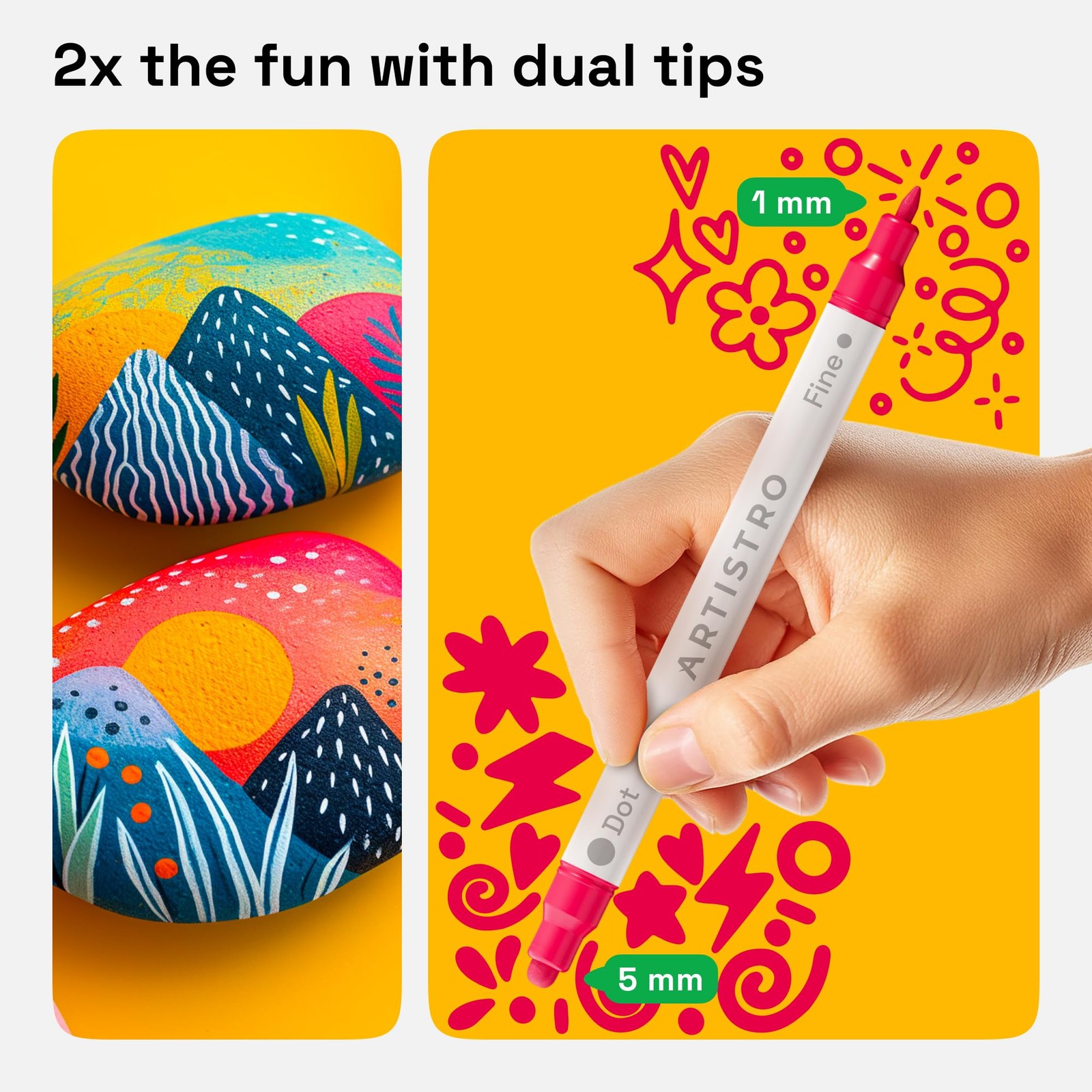 ARTISTRO 12 Acrylic Paint Markers for Rock, Fabric, Wood, Glass, Eggs - Dual-Tip
