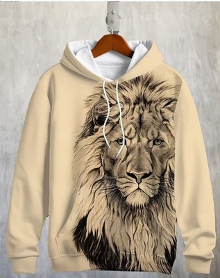 Beige Unisex Hoodie Featuring a Stylish Lion Graphic Print Large